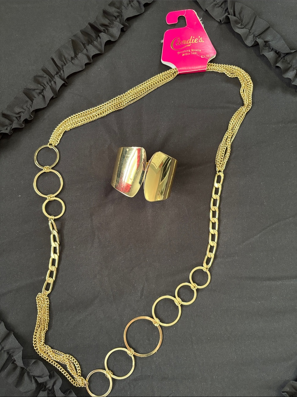 Long overhead gold chain with gold cuff bracelet